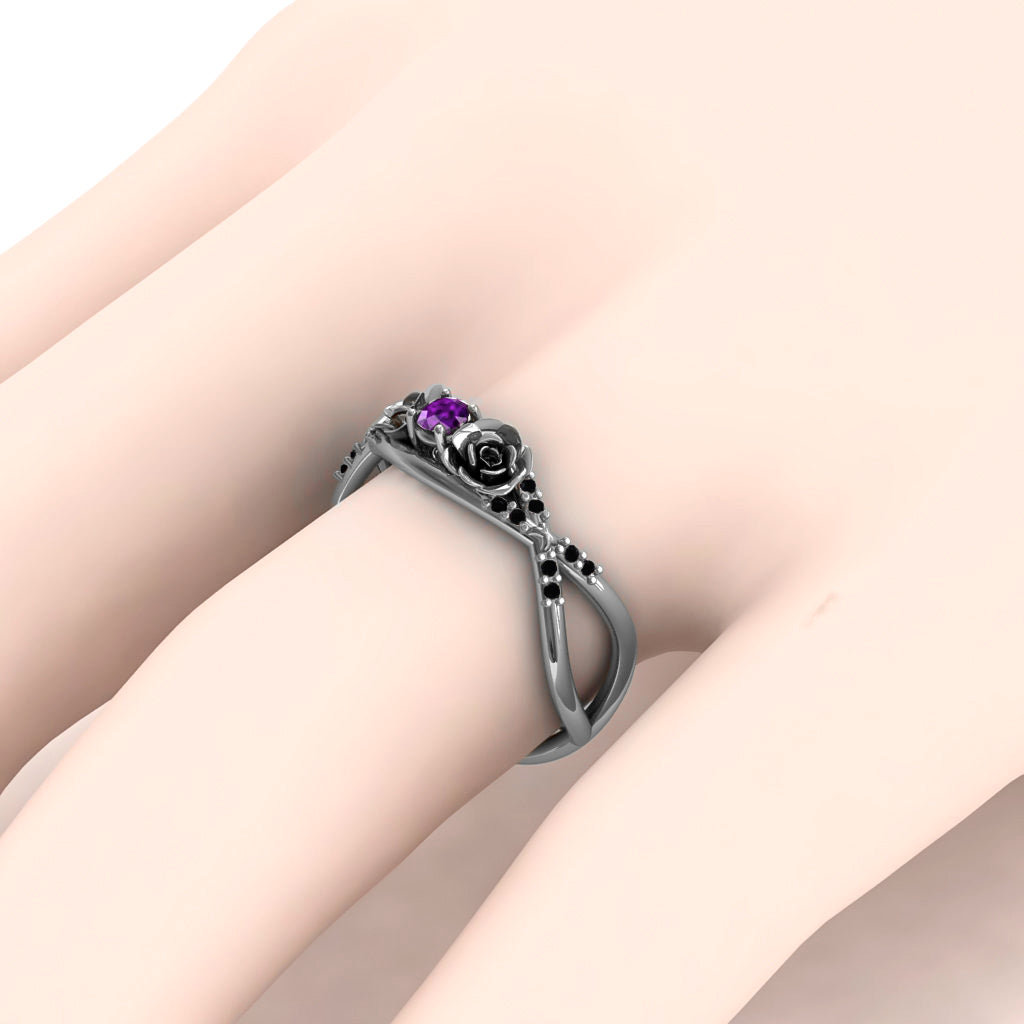 Amethyst Rose Engagement ring 14K White Gold Thin Elegant Flower Ring with Black Damonds - Stella no. 300