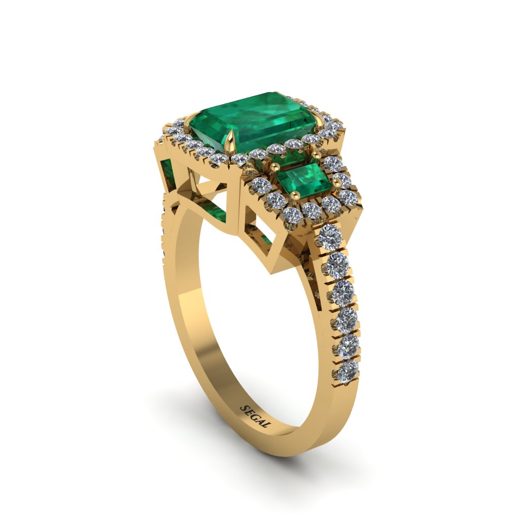 Emerald Three Halo Radiance Engagement Ring - Emely No. 4