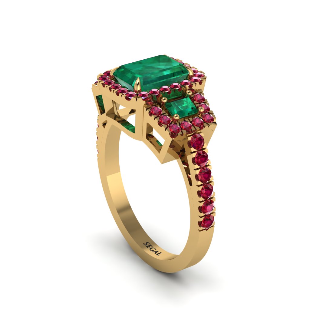 Emerald Three Halo Radiance Engagement Ring - Emely No. 49