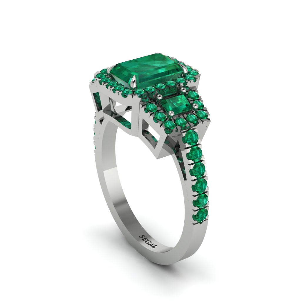 Emerald Three Halo Radiance Engagement Ring - Emely No. 21