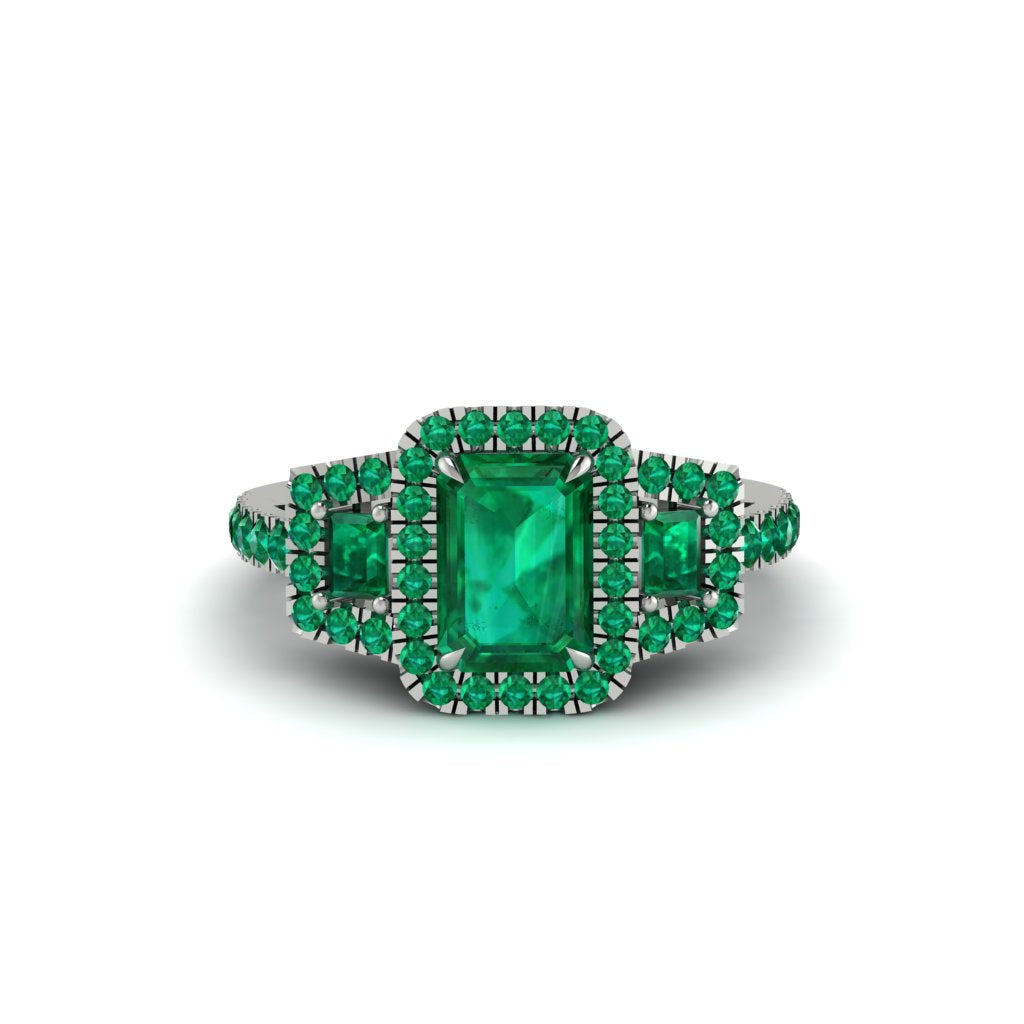 Emerald Three Halo Radiance Engagement Ring - Emely No. 21