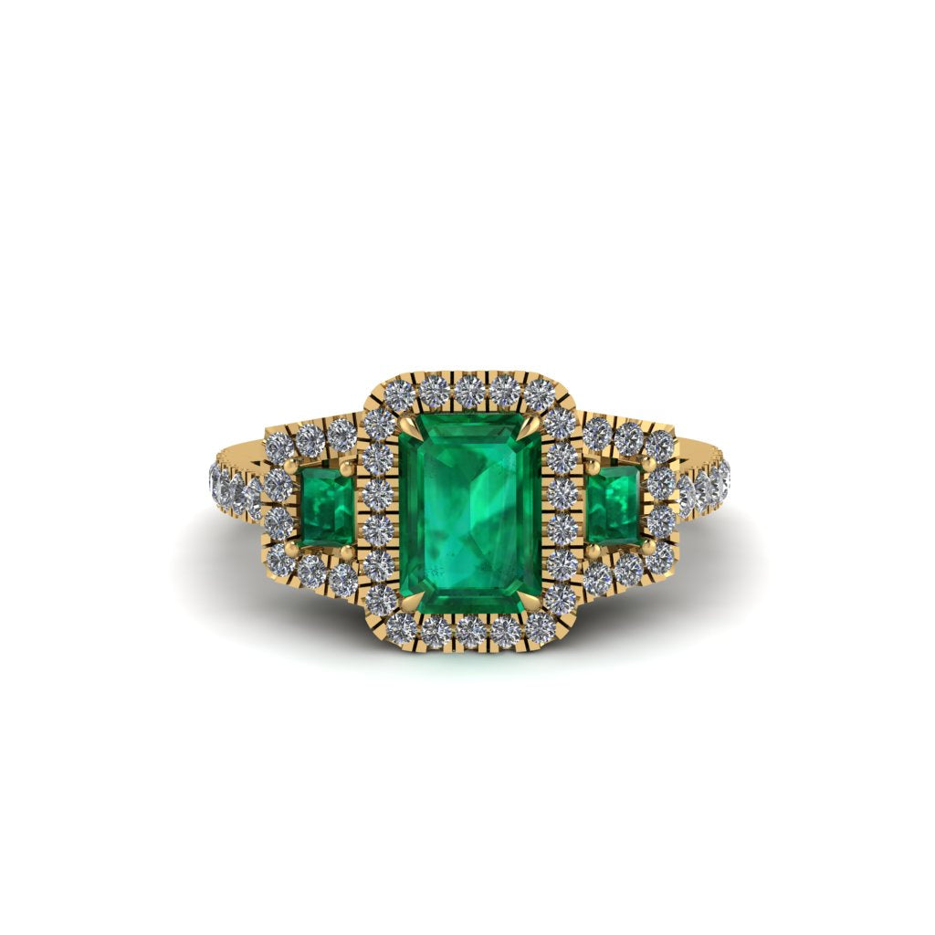 Emerald Three Halo Radiance Engagement Ring - Emely No. 4