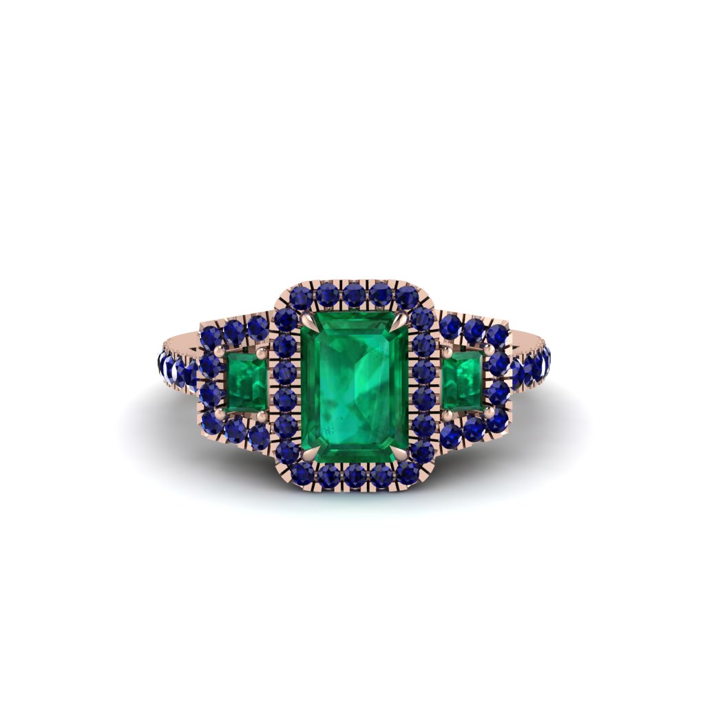 Emerald Three Halo Radiance Engagement Ring - Emely No. 65