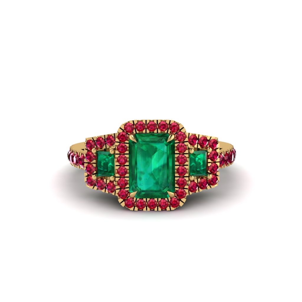 Emerald Three Halo Radiance Engagement Ring - Emely No. 49