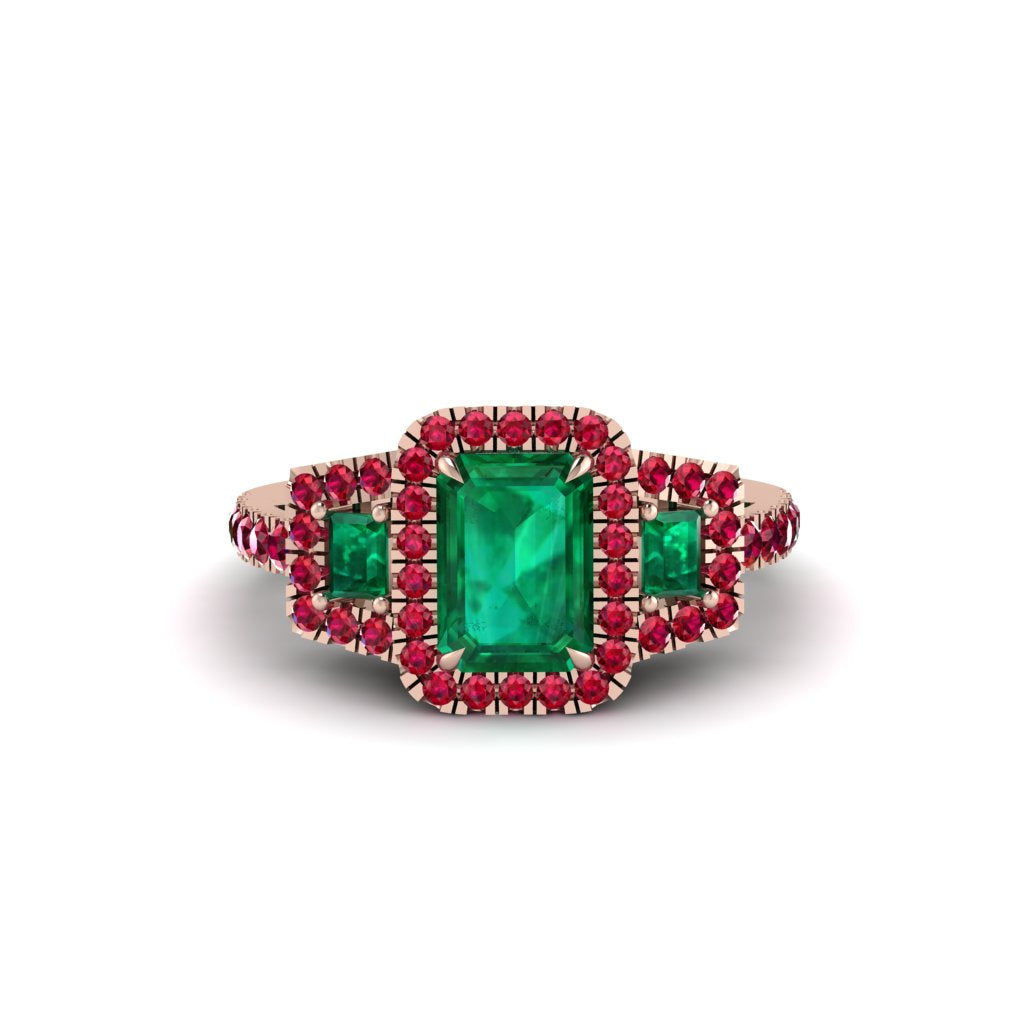 Emerald Three Halo Radiance Engagement Ring - Emely No. 50