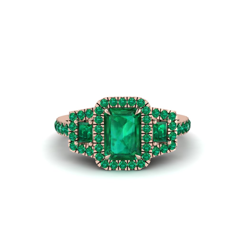 Emerald Three Halo Radiance Engagement Ring - Emely No. 20
