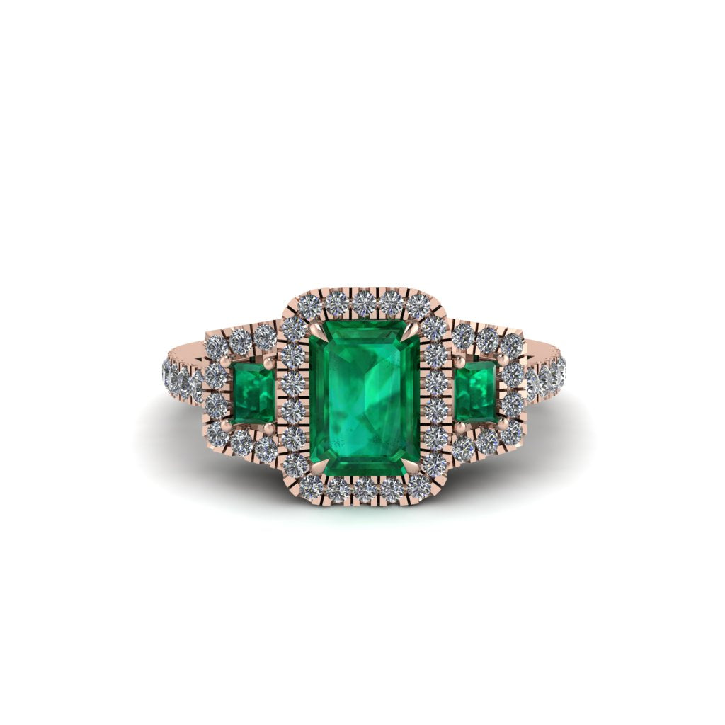 Emerald Three Halo Radiance Engagement Ring - Emely No. 5