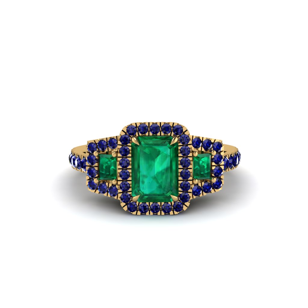 Emerald Three Halo Radiance Engagement Ring - Emely No. 64