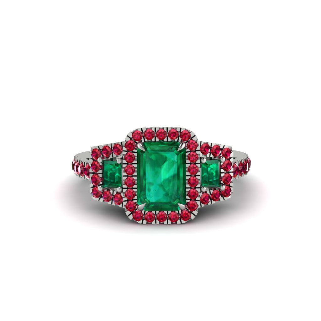 Emerald Three Halo Radiance Engagement Ring - Emely No. 51