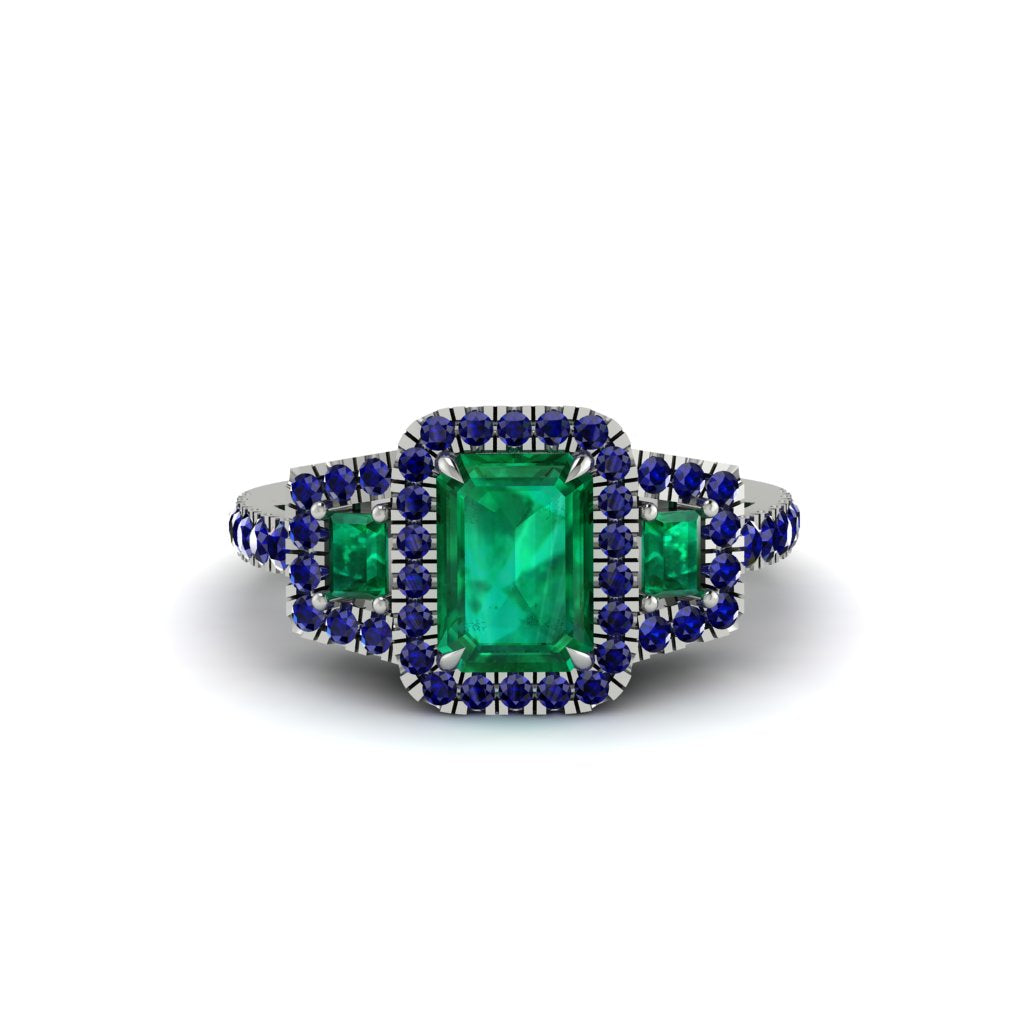 Emerald Three Halo Radiance Engagement Ring - Emely No. 66