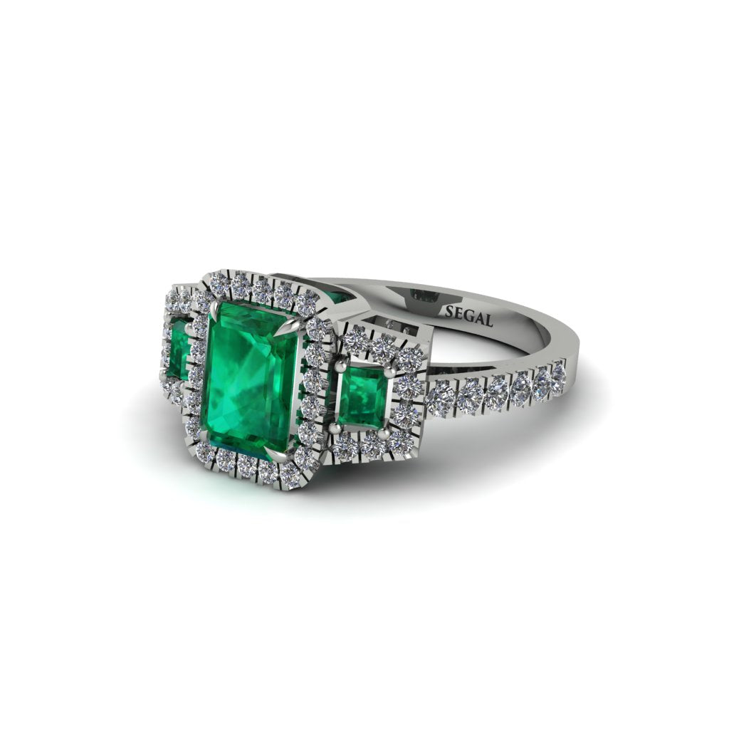 Emerald Three Halo Radiance Engagement Ring - Emely No. 6