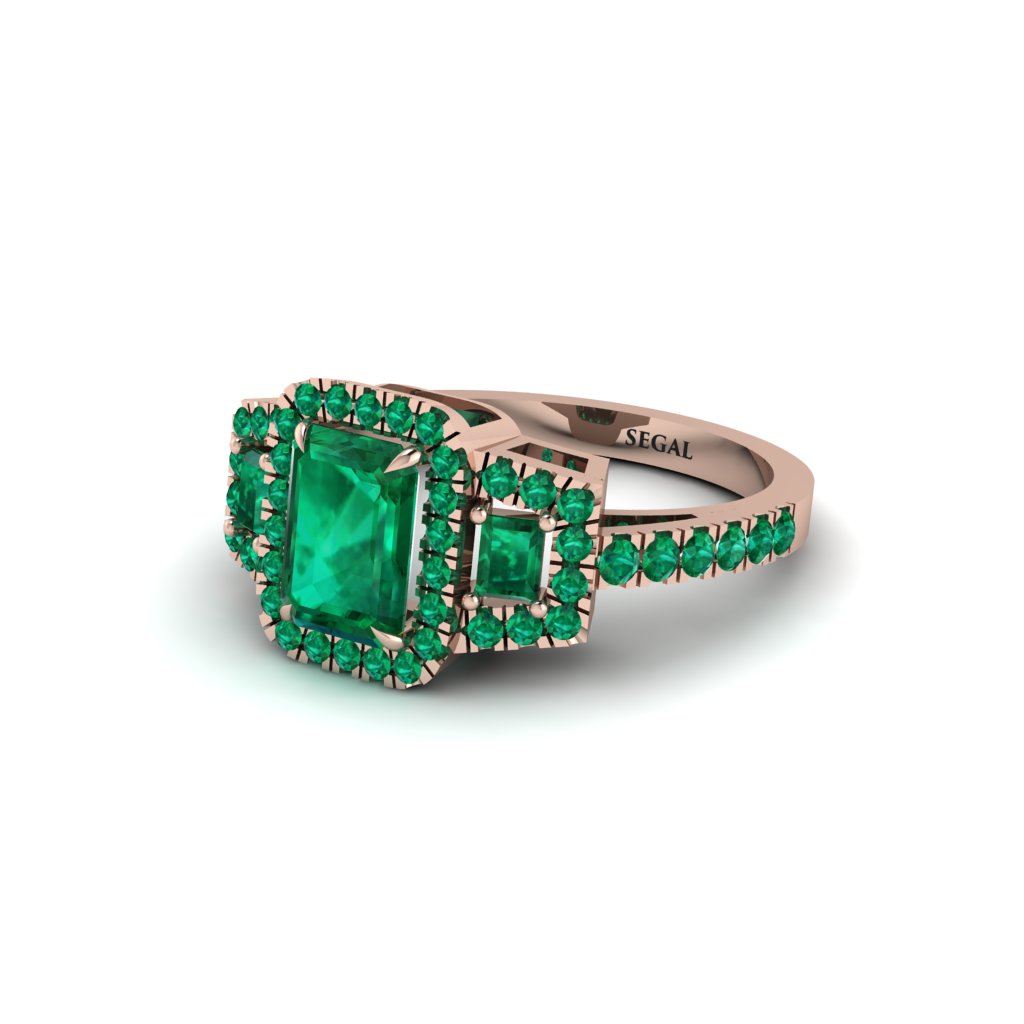 Emerald Three Halo Radiance Engagement Ring - Emely No. 20