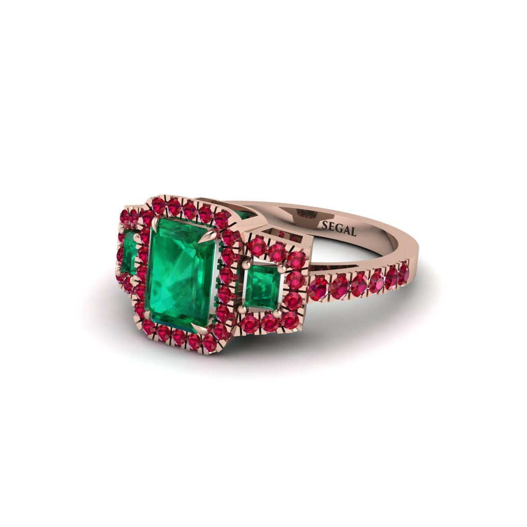 Emerald Three Halo Radiance Engagement Ring - Emely No. 50