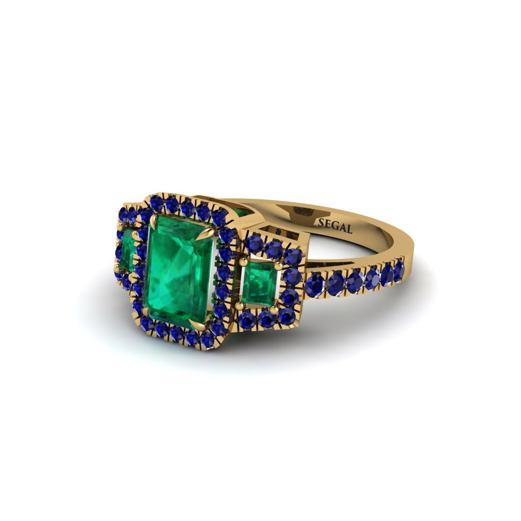 Emerald Three Halo Radiance Engagement Ring - Emely No. 64