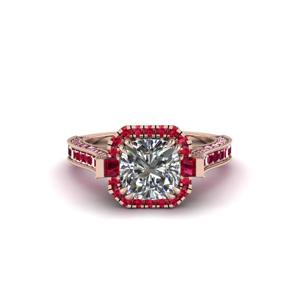 Diamond Three Halo Milgrain Engagement Ring - Mira No. 47