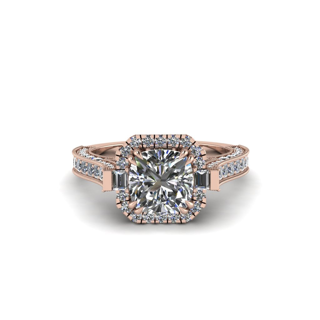 Diamond Three Halo Milgrain Engagement Ring - Mira No. 2