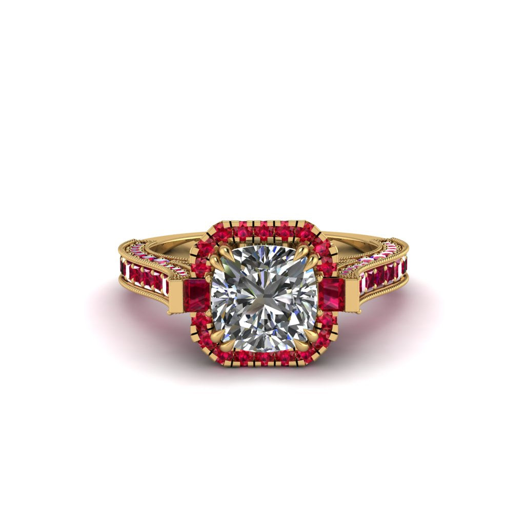 Diamond Three Halo Milgrain Engagement Ring - Mira No. 46