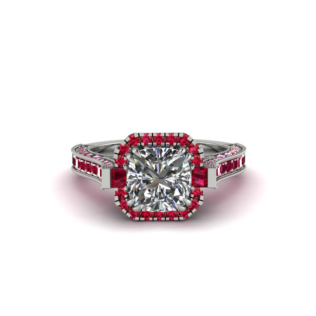 Diamond Three Halo Milgrain Engagement Ring - Mira No. 48