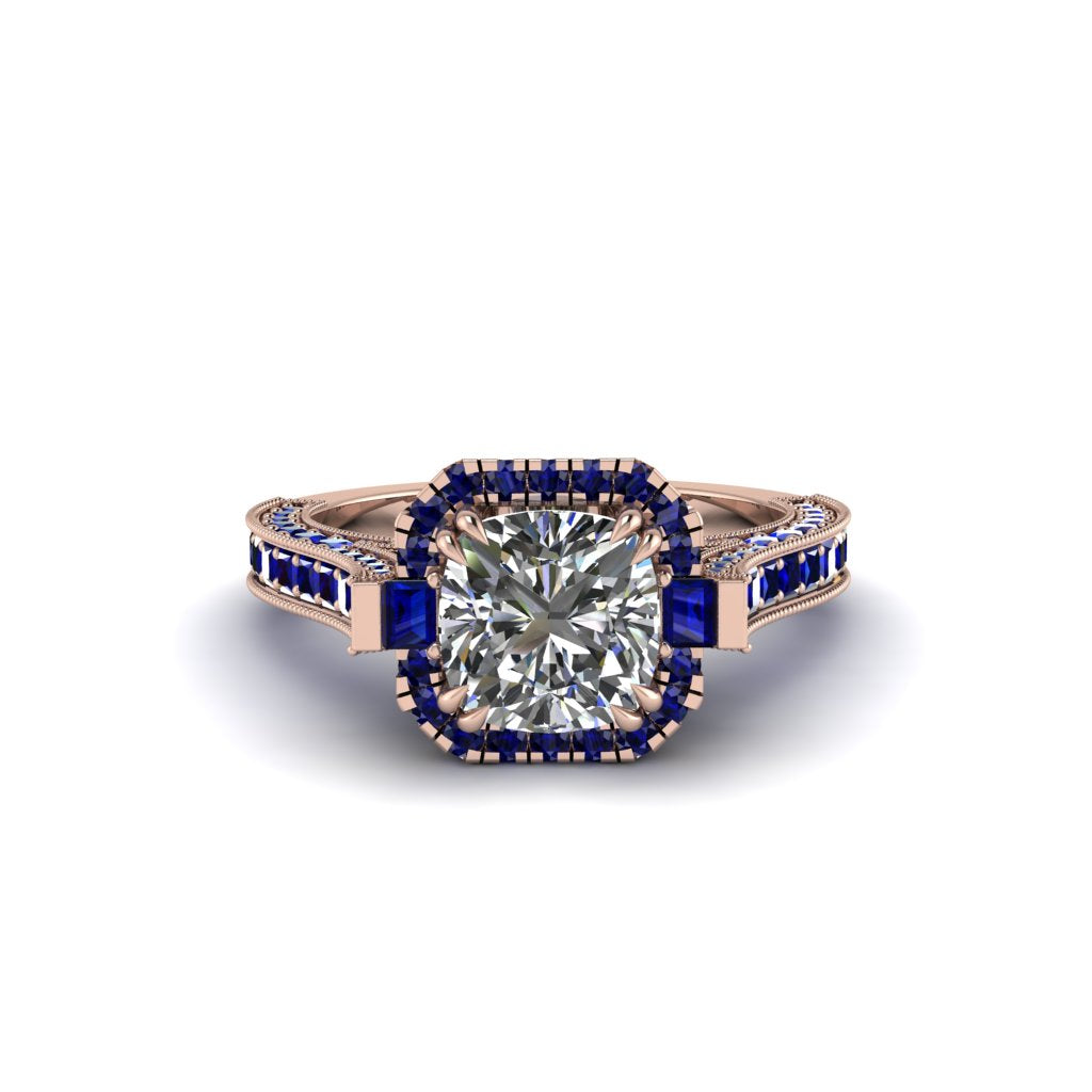 Diamond Three Halo Milgrain Engagement Ring - Mira No. 62