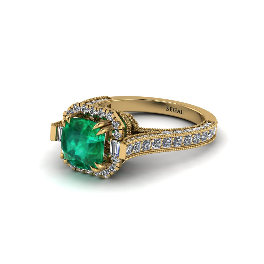 Emerald Three Halo Milgrain Engagement Ring - Mira No. 4