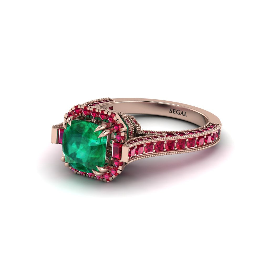 Emerald Three Halo Milgrain Engagement Ring - Mira No. 50