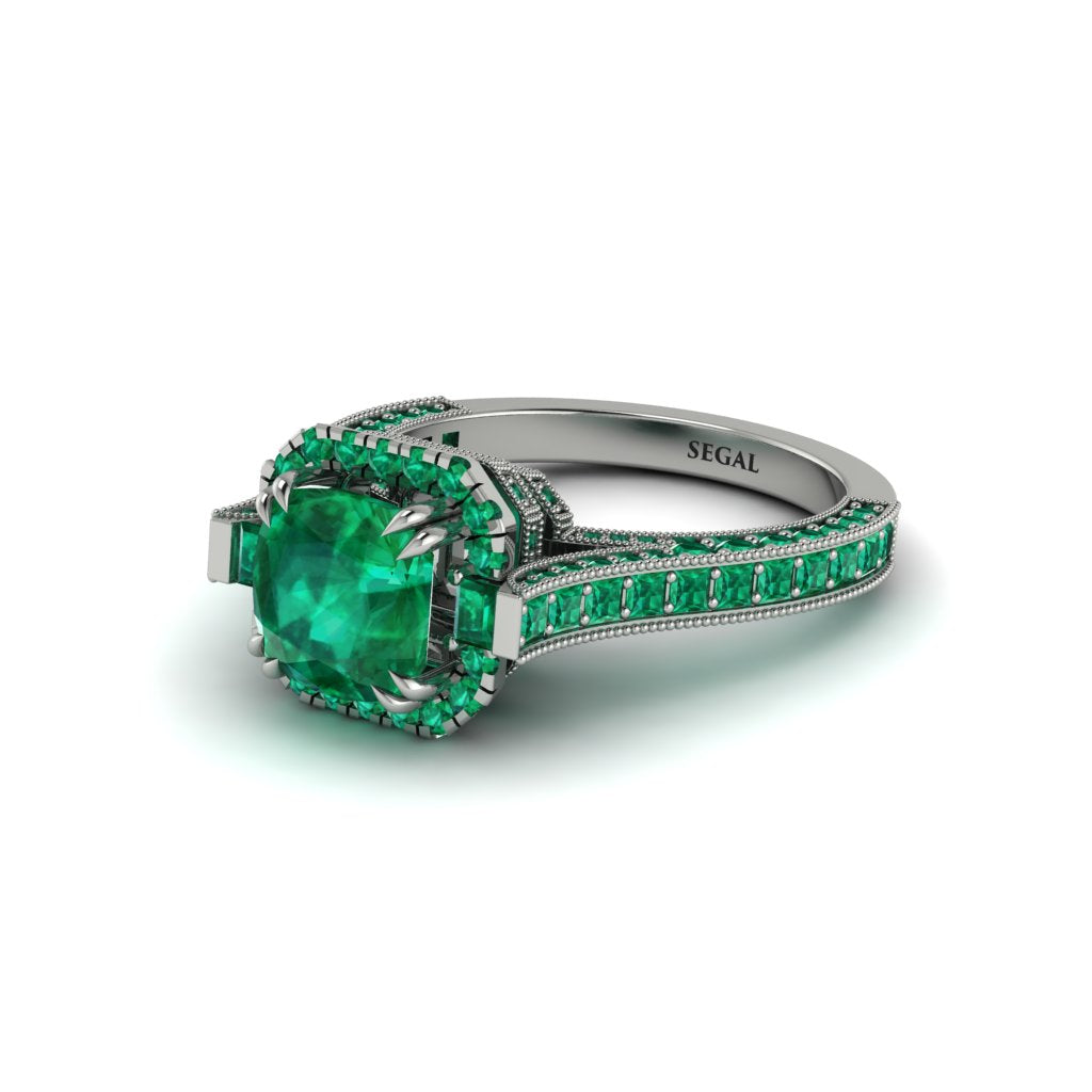 Emerald Three Halo Milgrain Engagement Ring - Mira No. 21