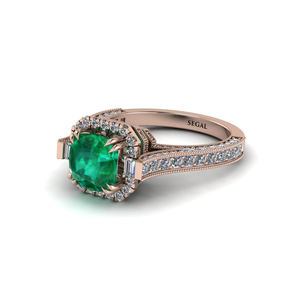 Emerald Three Halo Milgrain Engagement Ring - Mira No. 5