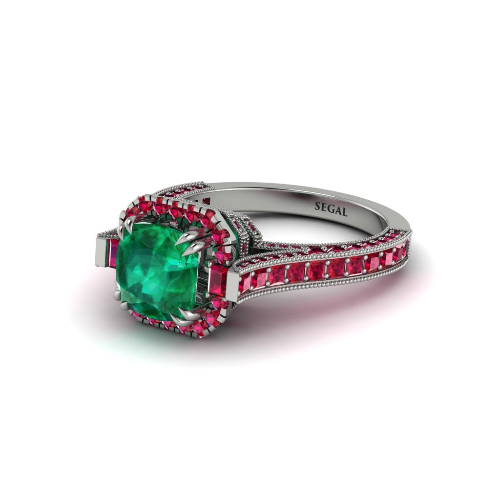 Emerald Three Halo Milgrain Engagement Ring - Mira No. 51