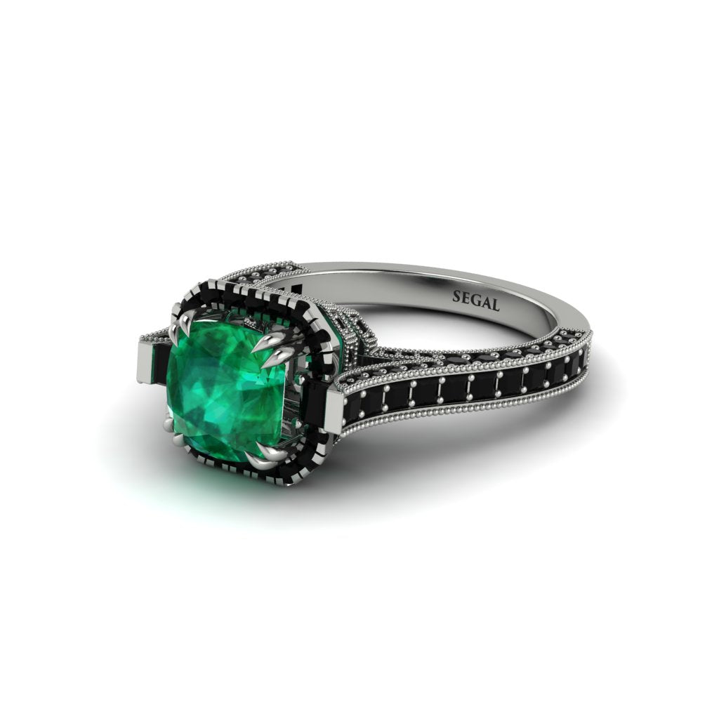 Emerald Three Halo Milgrain Engagement Ring - Mira No. 36
