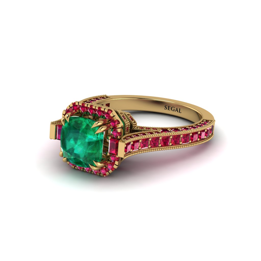 Emerald Three Halo Milgrain Engagement Ring - Mira No. 49