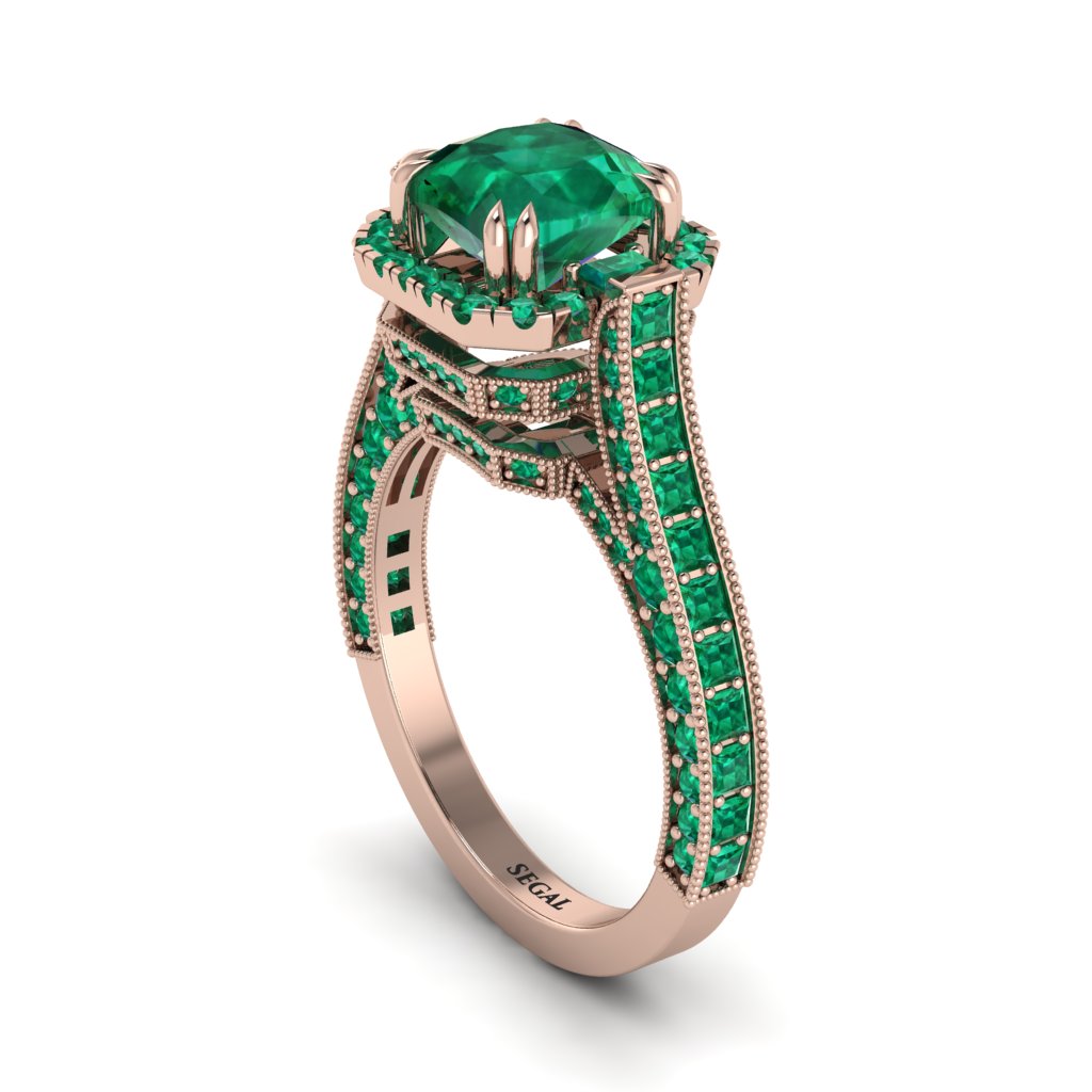 Emerald Three Halo Milgrain Engagement Ring - Mira No. 20