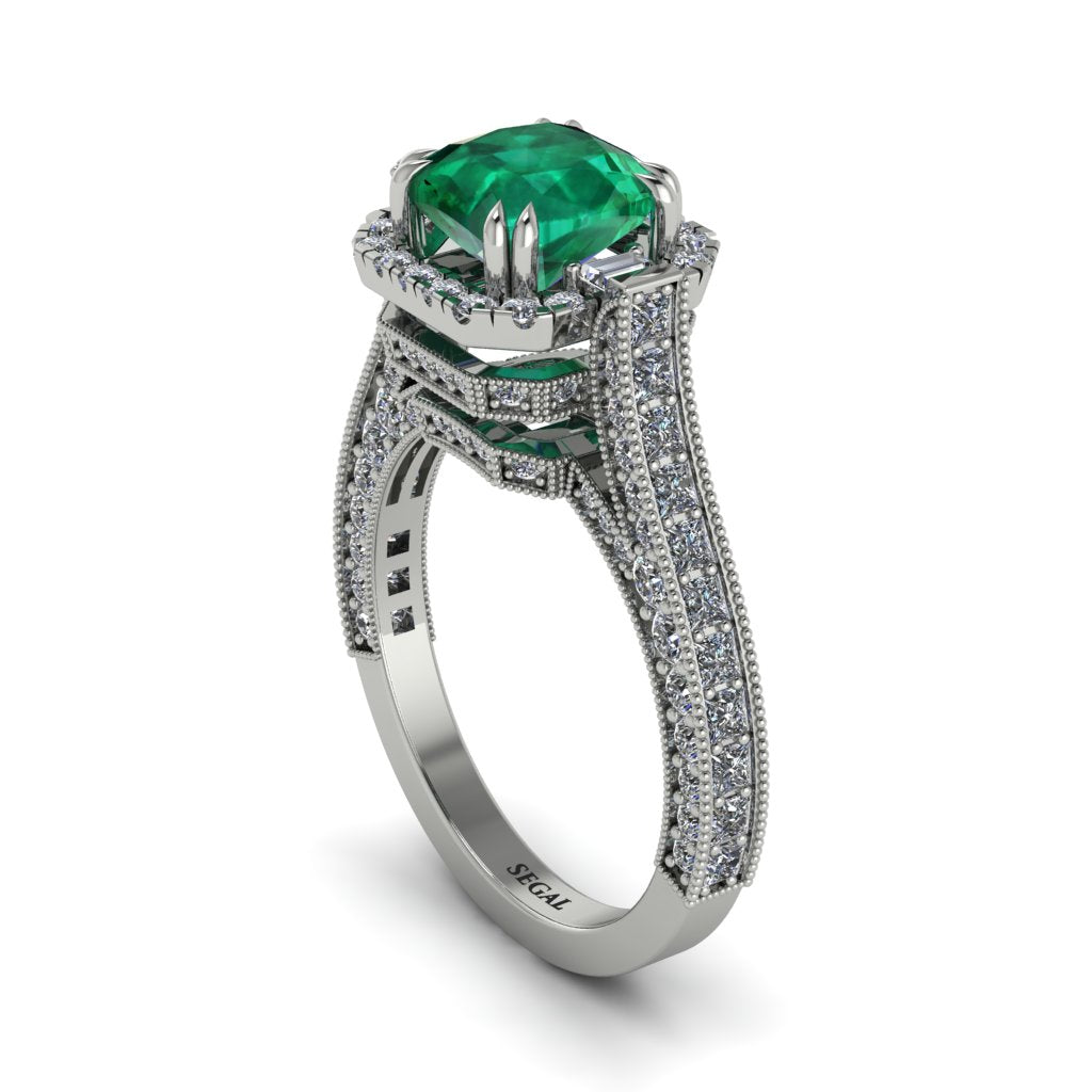 Emerald Three Halo Milgrain Engagement Ring - Mira No. 6
