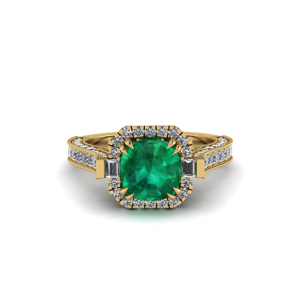 Emerald Three Halo Milgrain Engagement Ring - Mira No. 4