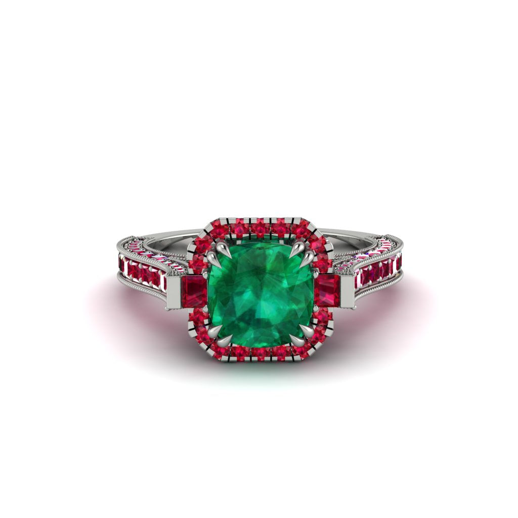 Emerald Three Halo Milgrain Engagement Ring - Mira No. 51