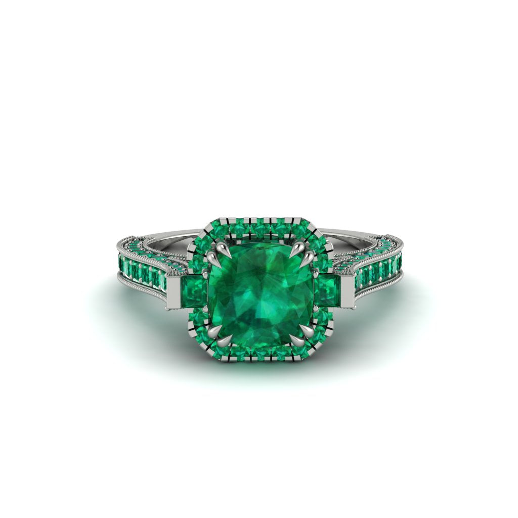 Emerald Three Halo Milgrain Engagement Ring - Mira No. 21