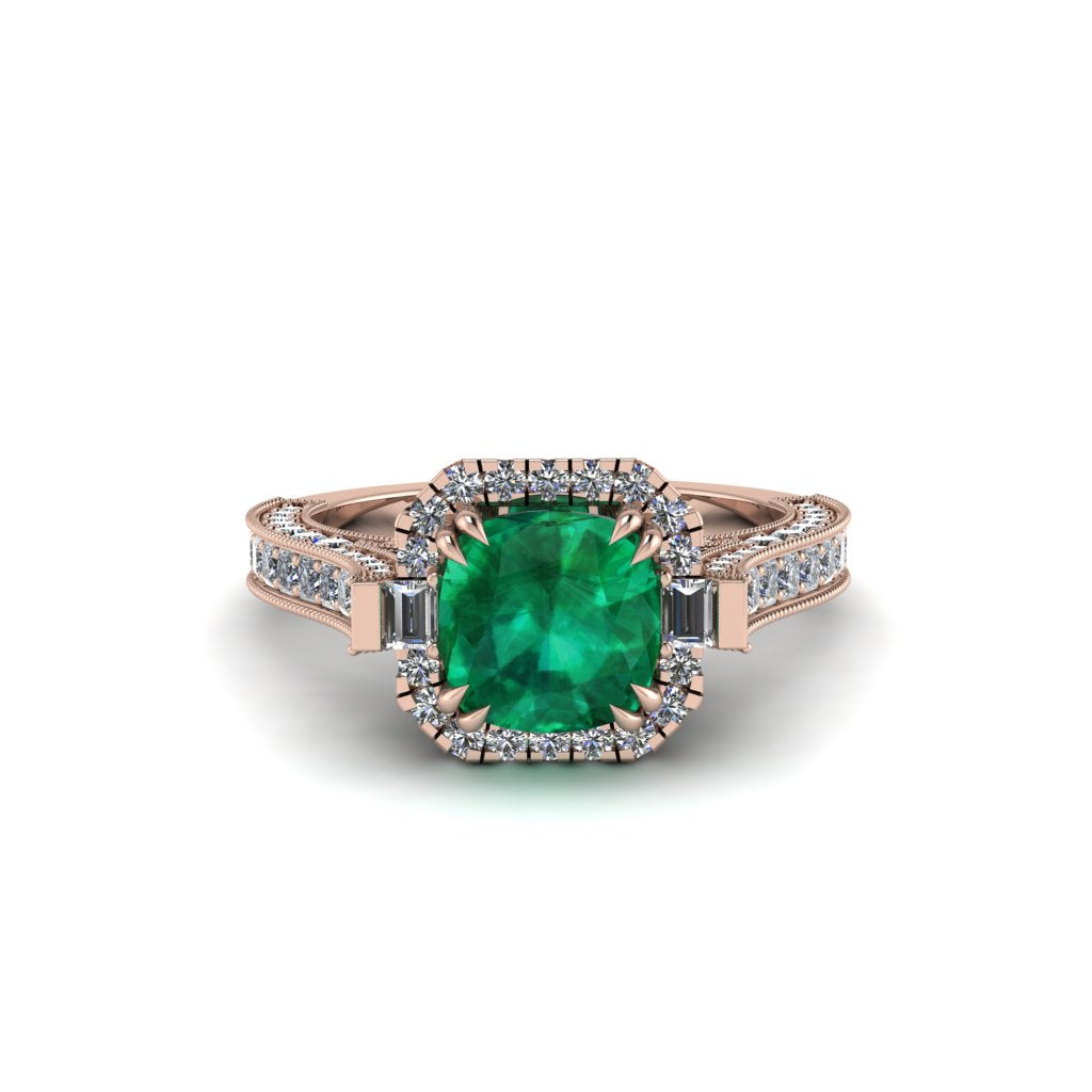 Emerald Three Halo Milgrain Engagement Ring - Mira No. 5