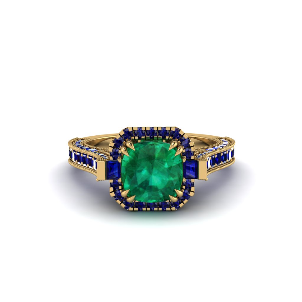 Emerald Three Halo Milgrain Engagement Ring - Mira No. 64