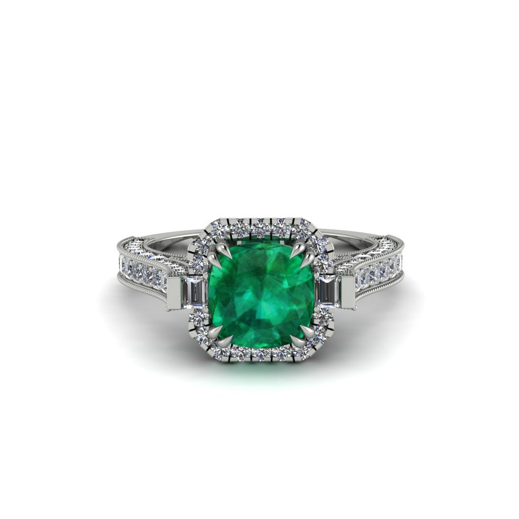 Emerald Three Halo Milgrain Engagement Ring - Mira No. 6