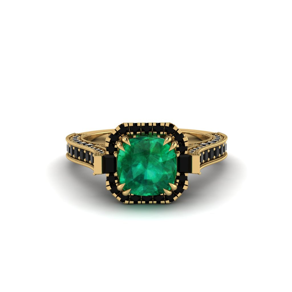 Emerald Three Halo Milgrain Engagement Ring - Mira No. 34