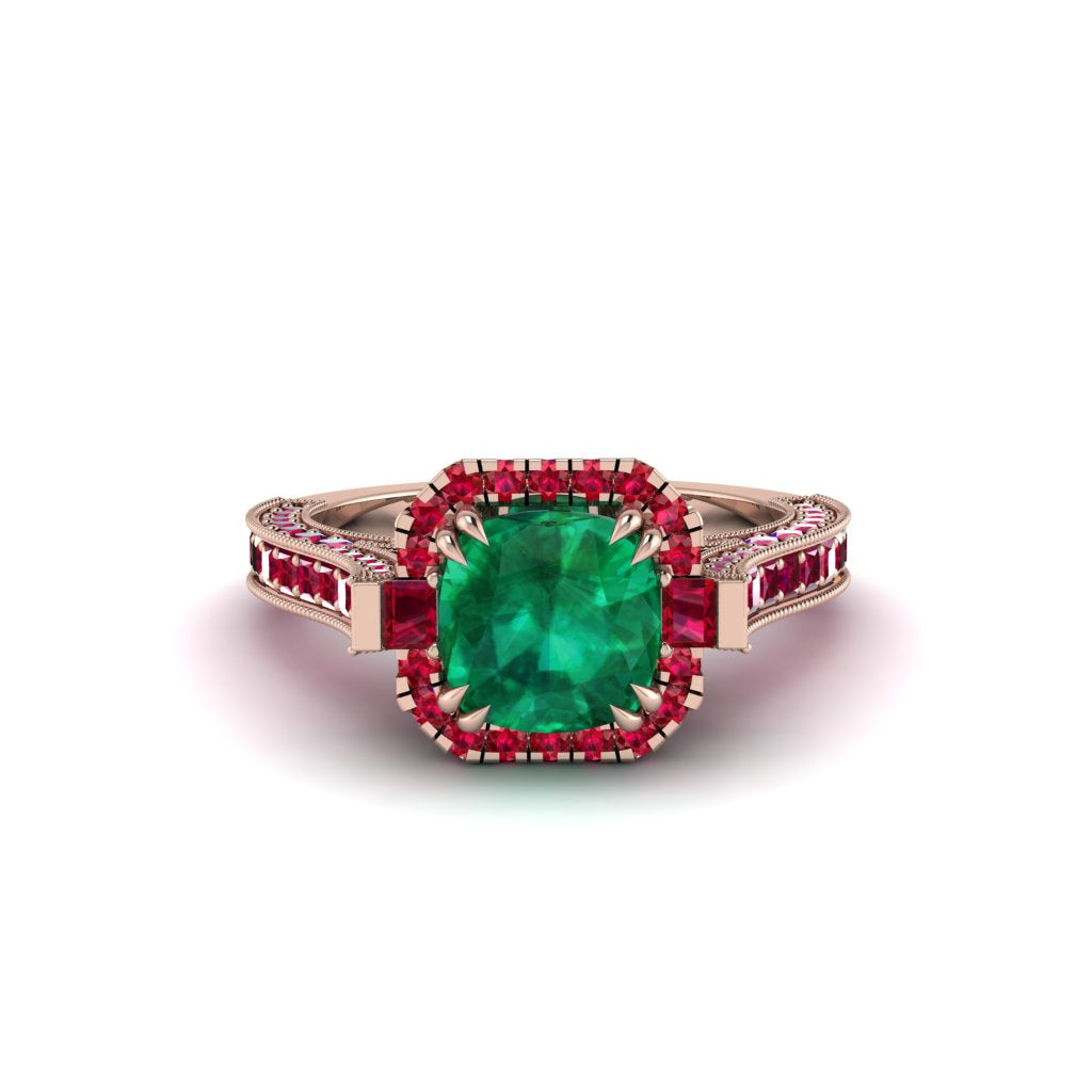 Emerald Three Halo Milgrain Engagement Ring - Mira No. 50