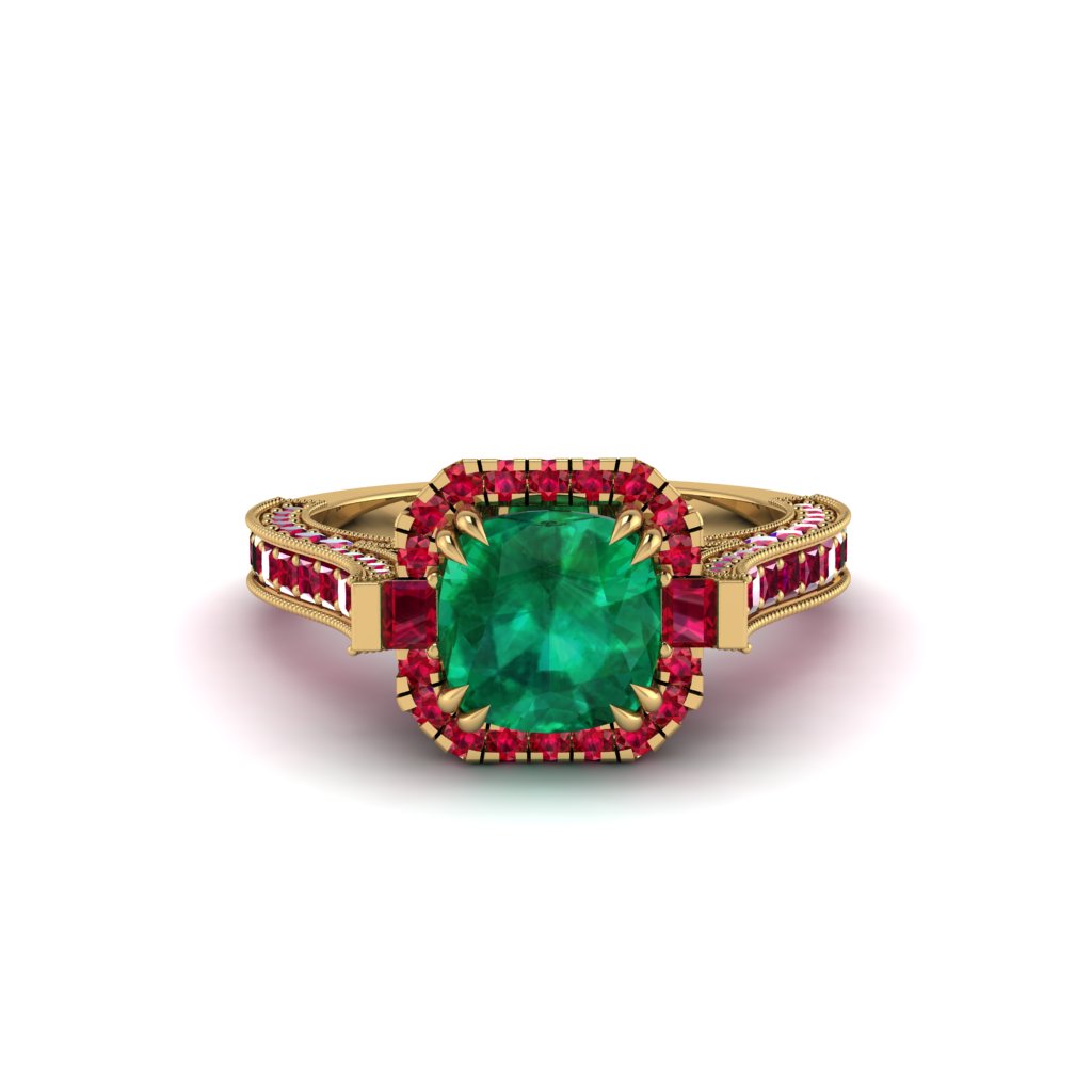Emerald Three Halo Milgrain Engagement Ring - Mira No. 49