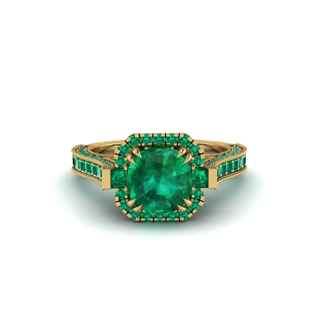 Emerald Three Halo Milgrain Engagement Ring - Mira No. 19