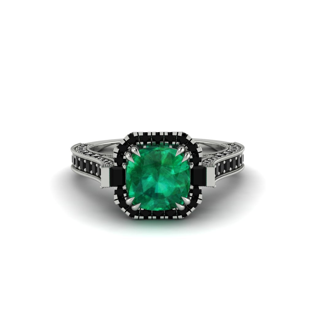Emerald Three Halo Milgrain Engagement Ring - Mira No. 36