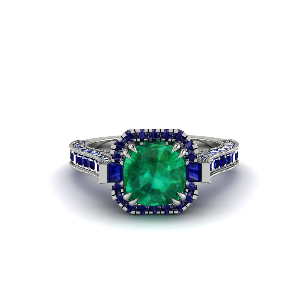 Emerald Three Halo Milgrain Engagement Ring - Mira No. 66