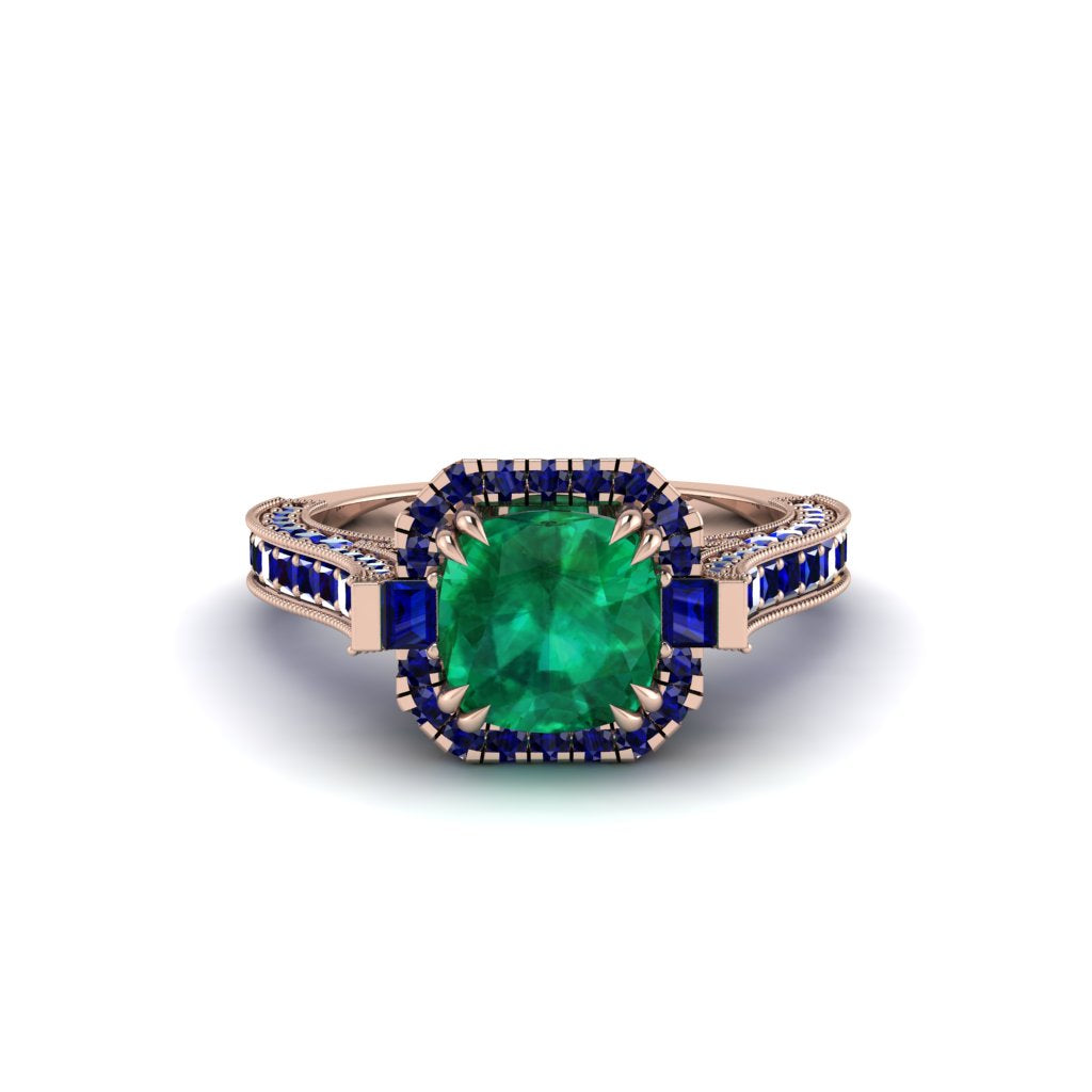 Emerald Three Halo Milgrain Engagement Ring - Mira No. 65