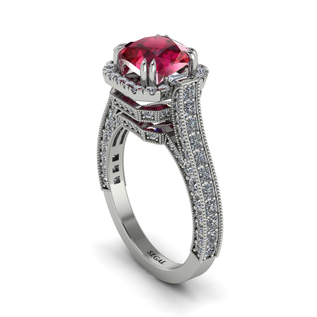 Ruby Three Halo Milgrain Engagement Ring - Mira No. 12