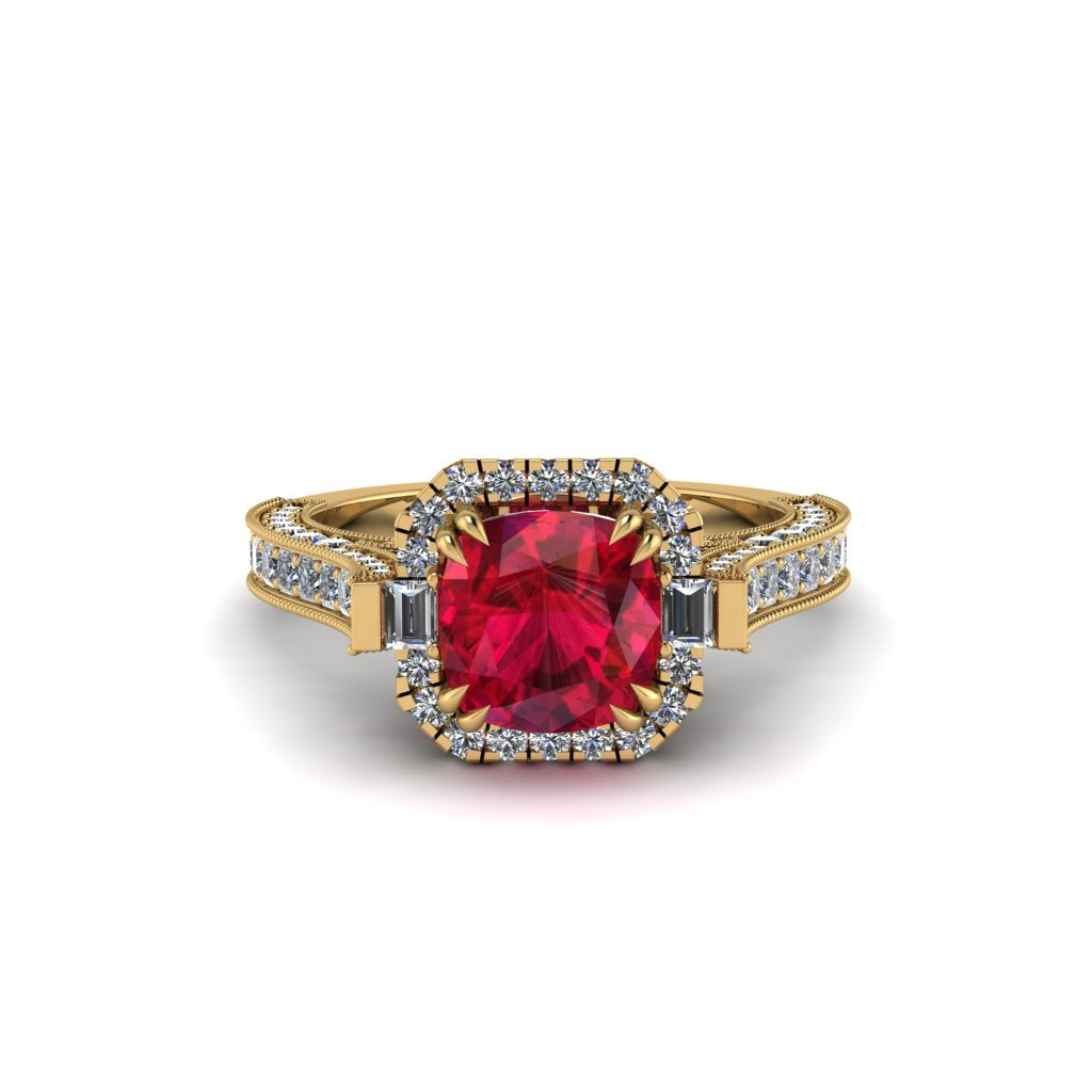 Ruby Three Halo Milgrain Engagement Ring - Mira No. 10