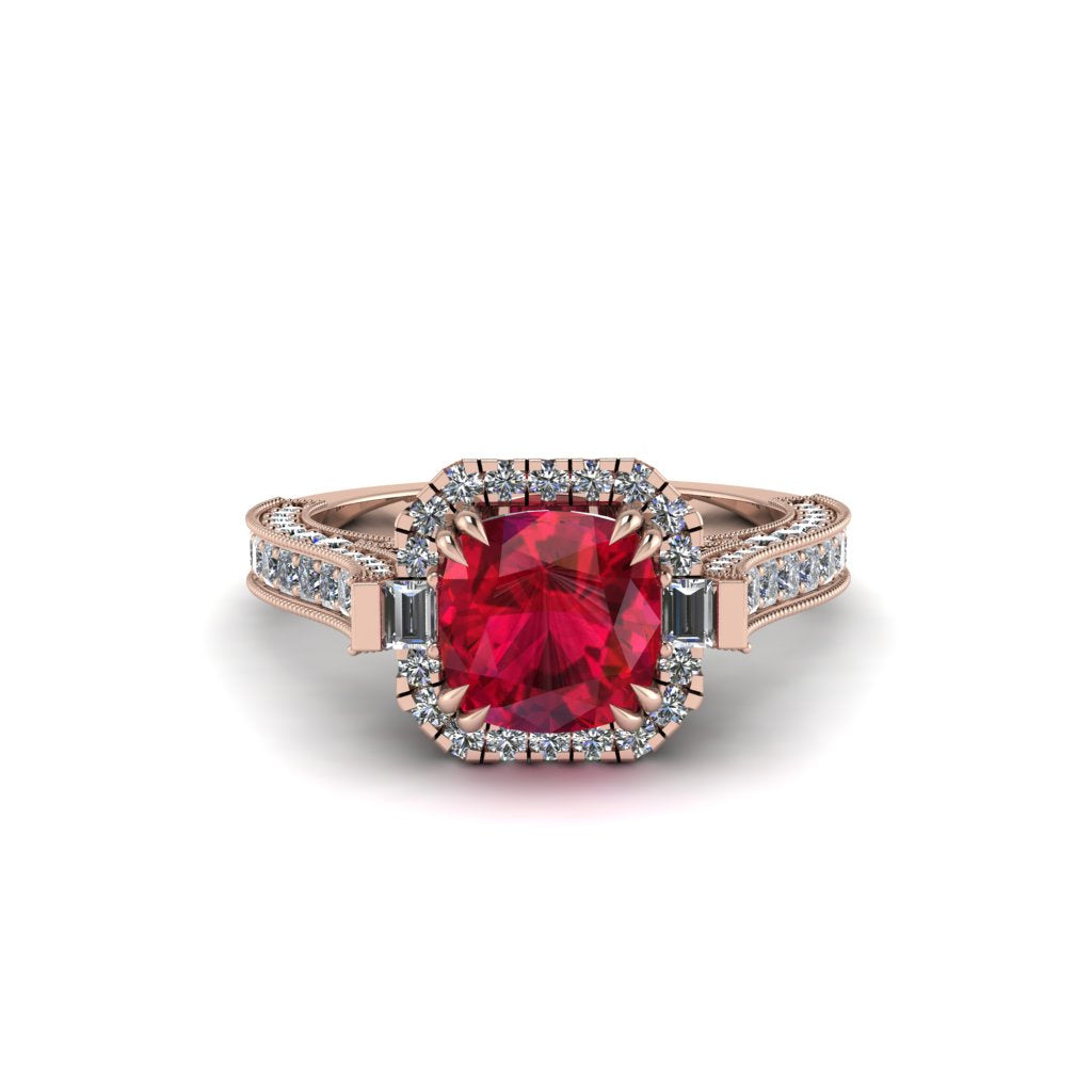 Ruby Three Halo Milgrain Engagement Ring - Mira No. 11