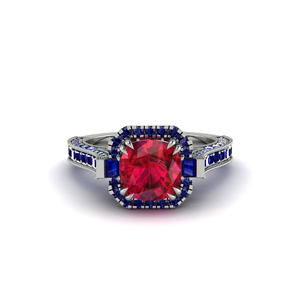 Ruby Three Halo Milgrain Engagement Ring - Mira No. 72