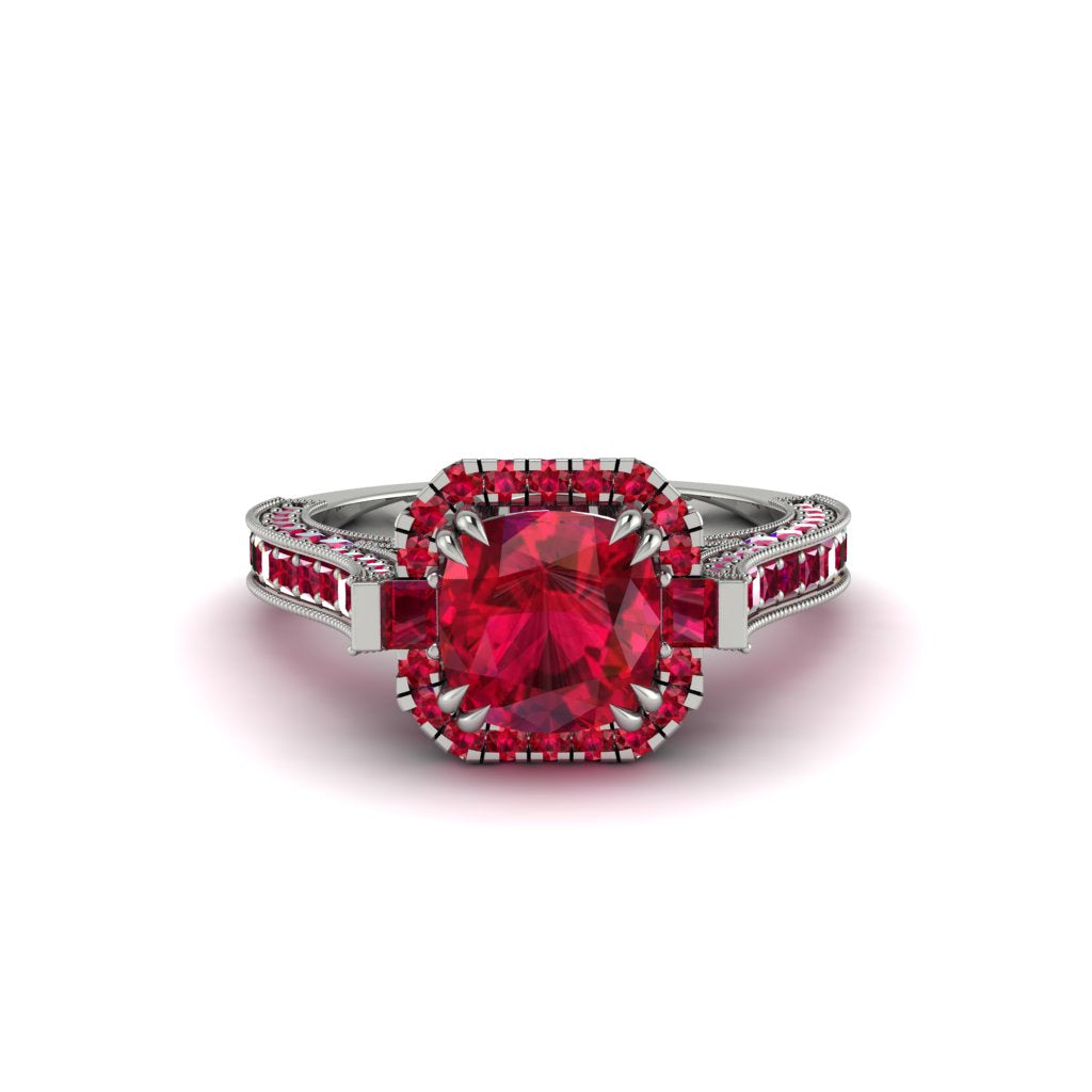 Ruby Three Halo Milgrain Engagement Ring - Mira No. 57